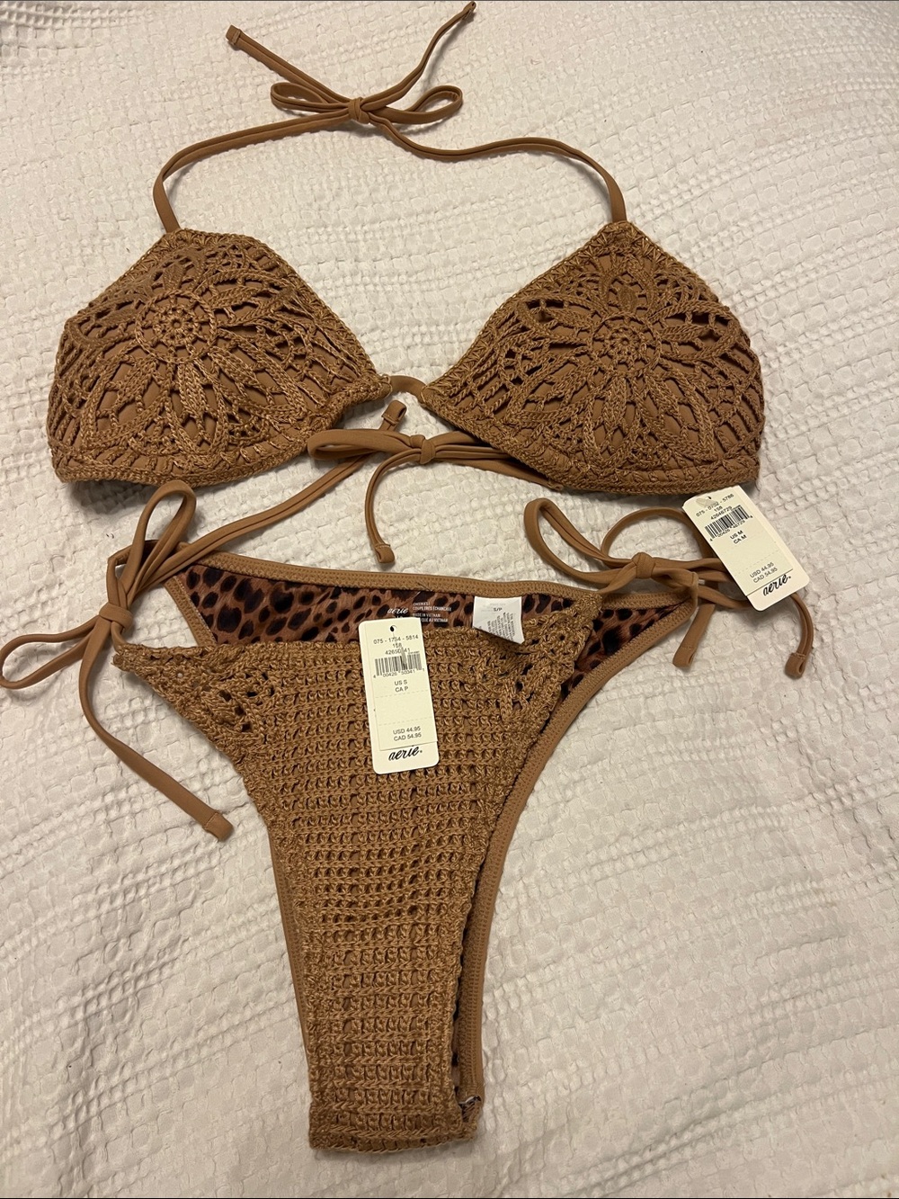 NWT Aerie  Brown Crochet  Tie Bikini Set with Leopard Lining